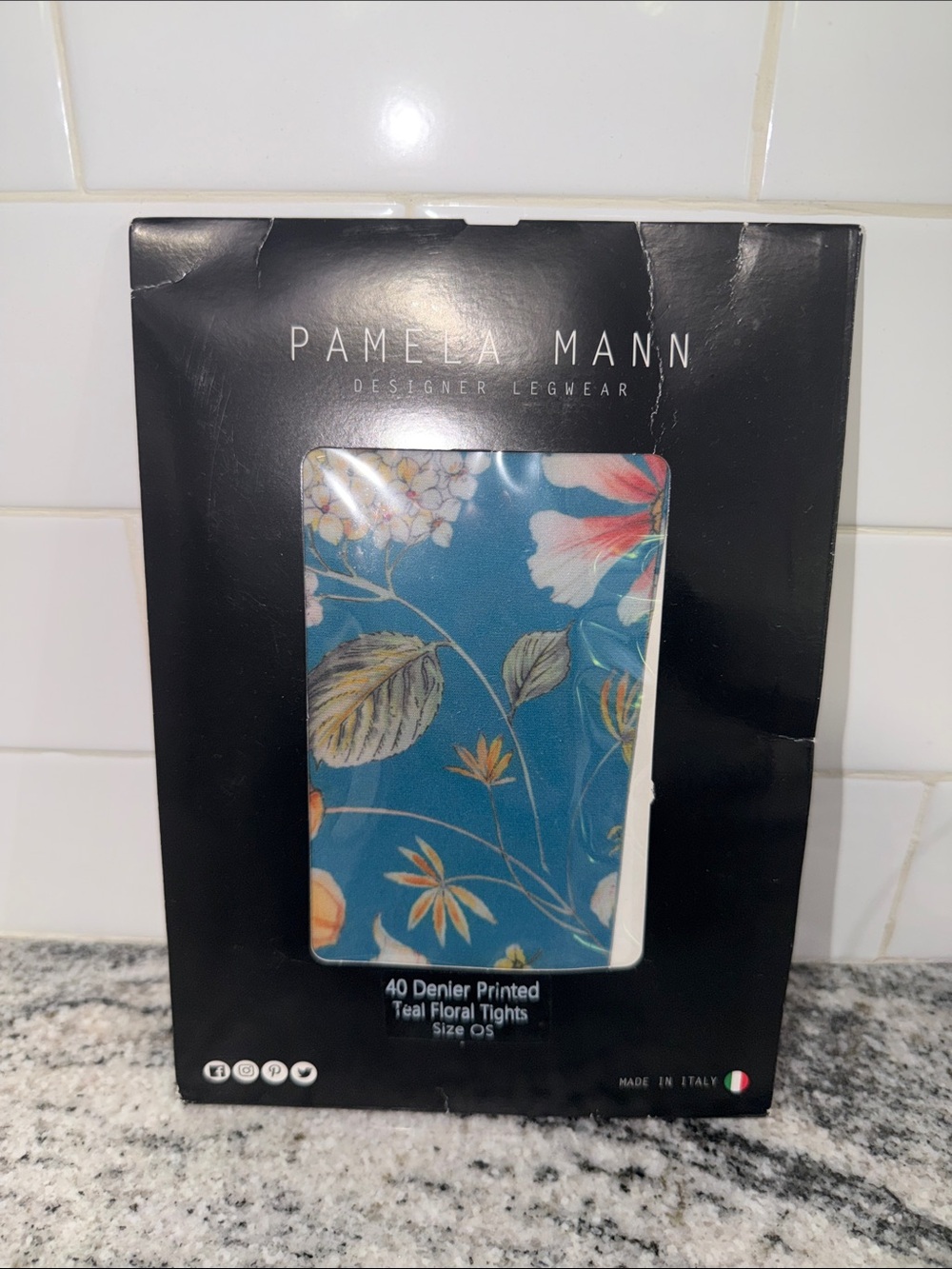 Pamela Mann Teal Floral 40 Denier Printed Tights OS Made in Italy NWT